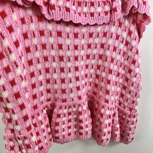 New Paid Crochet Entro Pink Red Knit Ruffle Crop Top Large Cotton Boho Kidscore - Picture 8 of 13